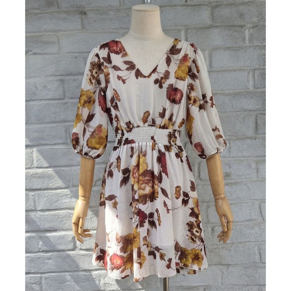 Kate and Lily Petite Floral V-Neck Smocked Waist Dress Size 14P